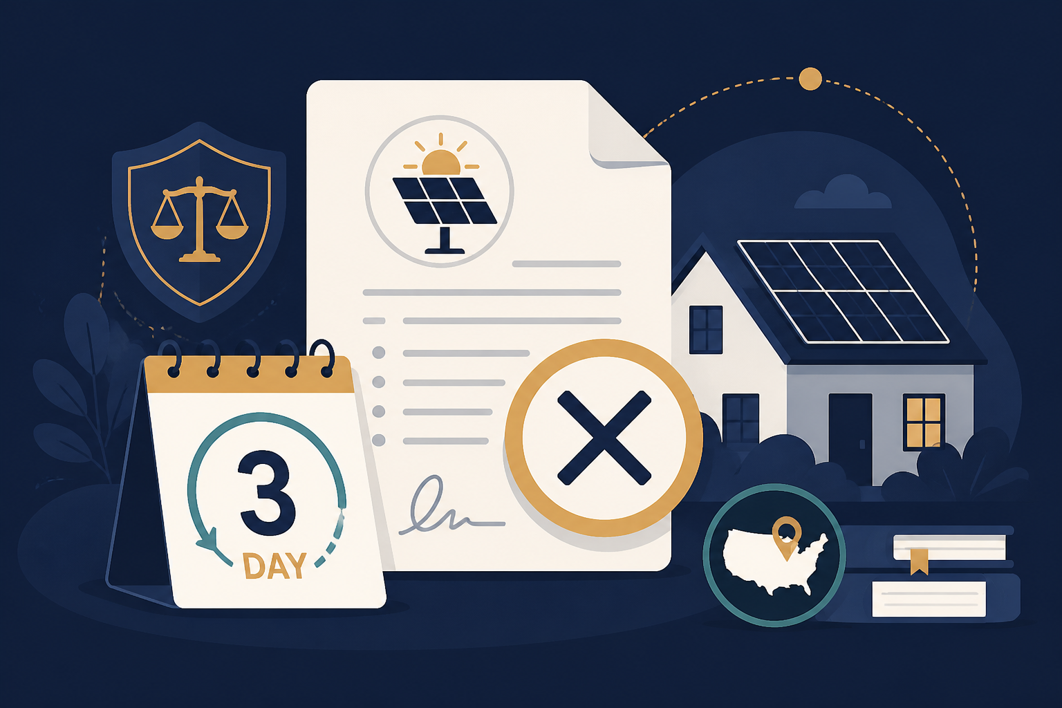 Editorial illustration for "How to Cancel a Solar Panel Contract: The 3-Day Rule" in ClickSabi brand style.