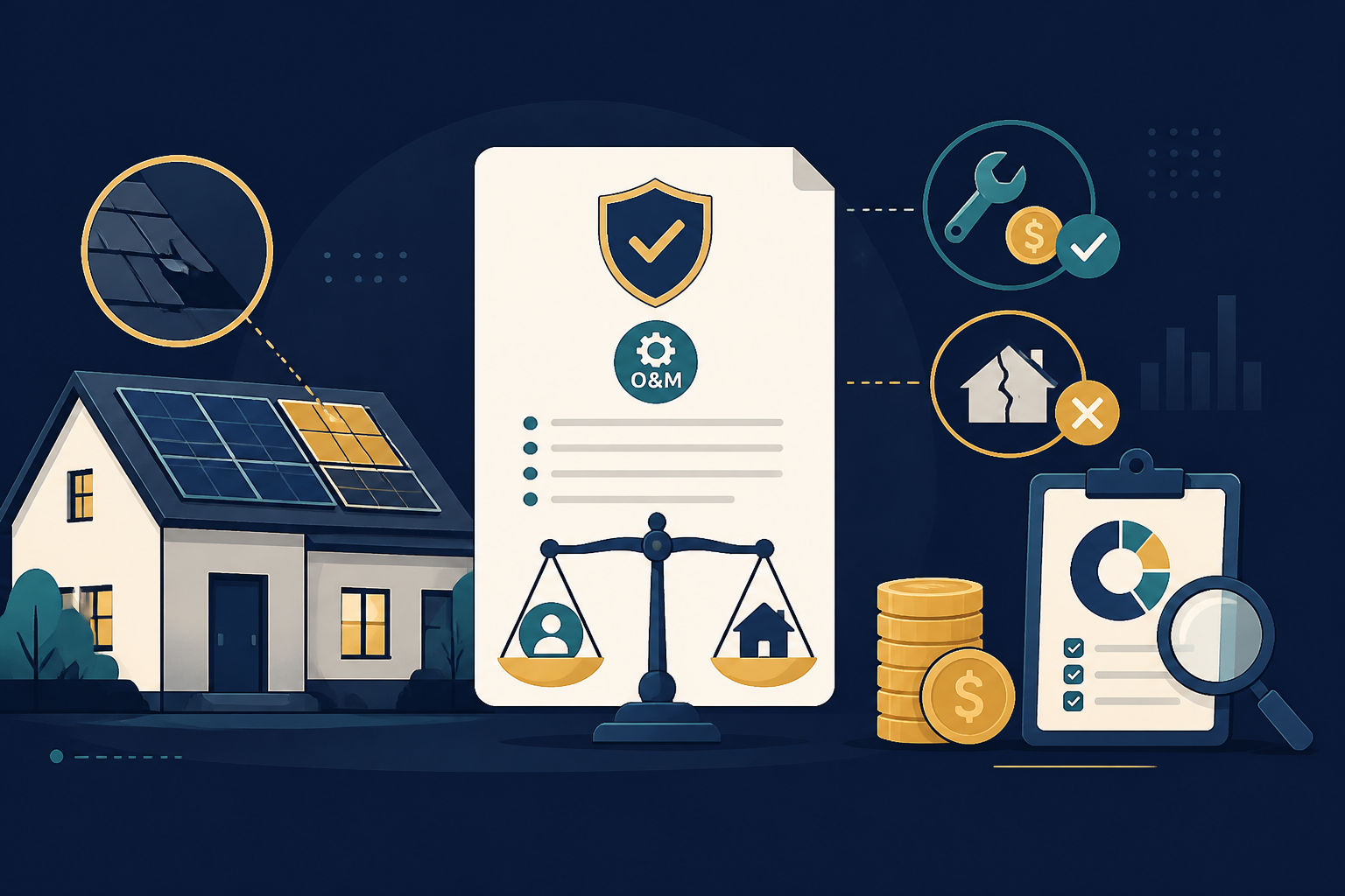 Editorial illustration for "Who Pays for Solar Roof Repairs? O&M Clauses Explained" in ClickSabi brand style.