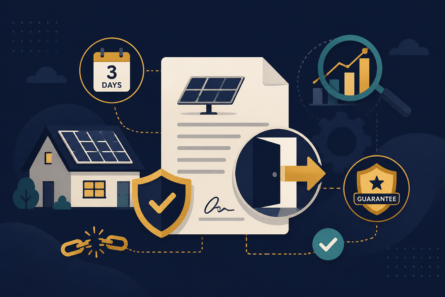 Editorial illustration for "How to Get Out of a Solar Panel Contract: A Step-by-Step Guide" in ClickSabi brand style.