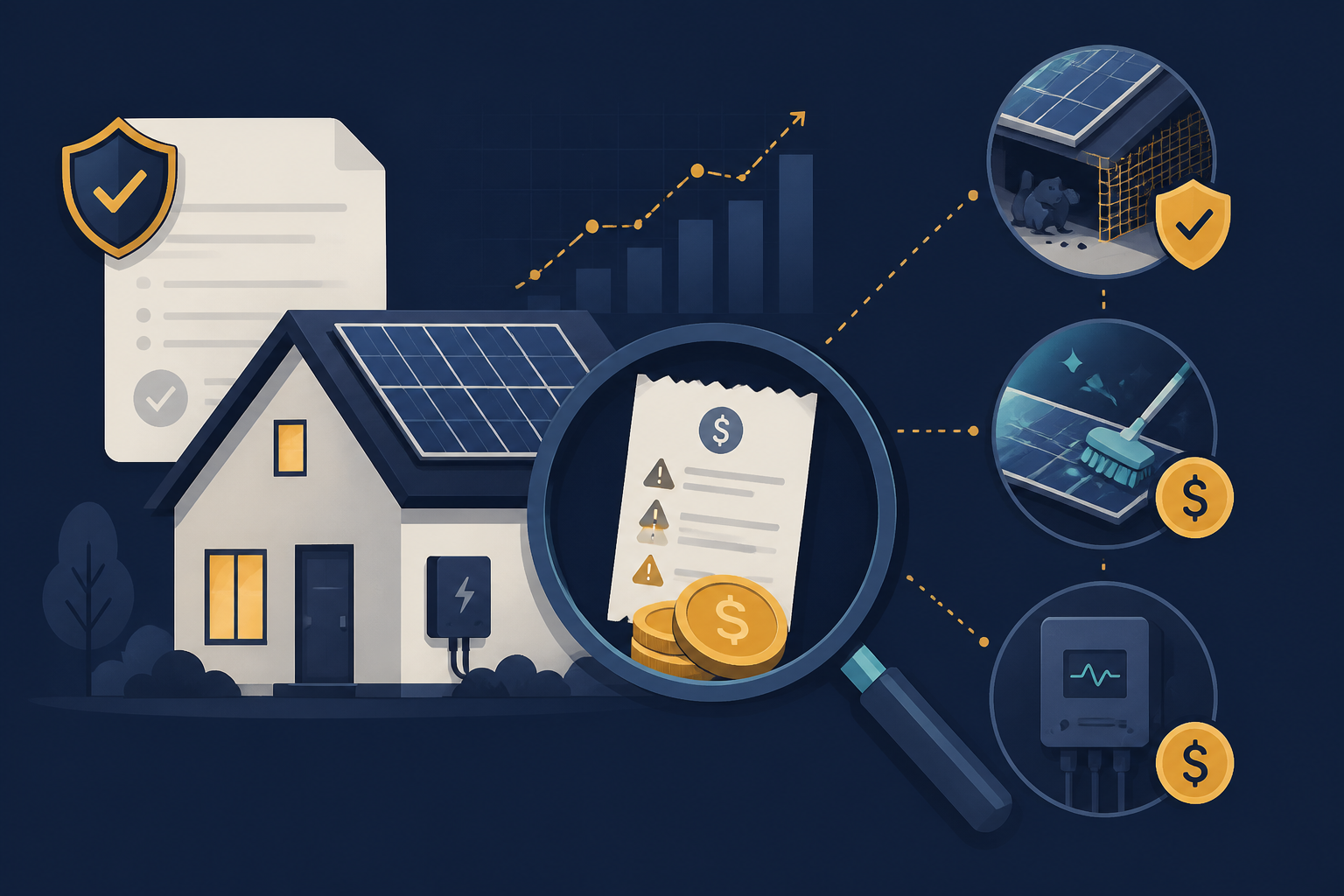 Editorial illustration for "Hidden Solar Maintenance Costs: What Salesmen Won't Say" in ClickSabi brand style.