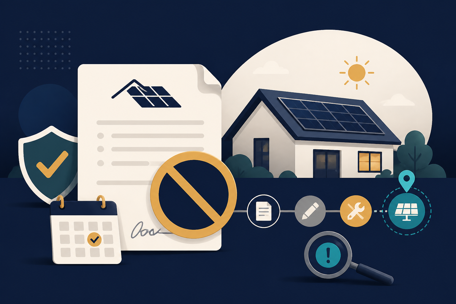 Editorial illustration for "Can You Cancel a Solar Lease Before Installation?" in ClickSabi brand style.