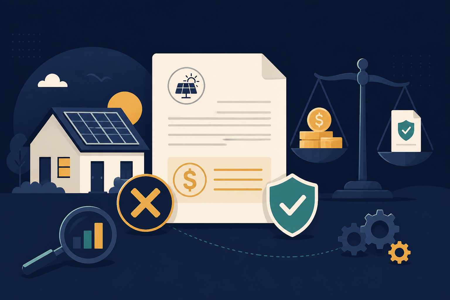 Editorial illustration for "Solar Contract Cancellation Fees: Are High Penalties Legal?" in ClickSabi brand style.