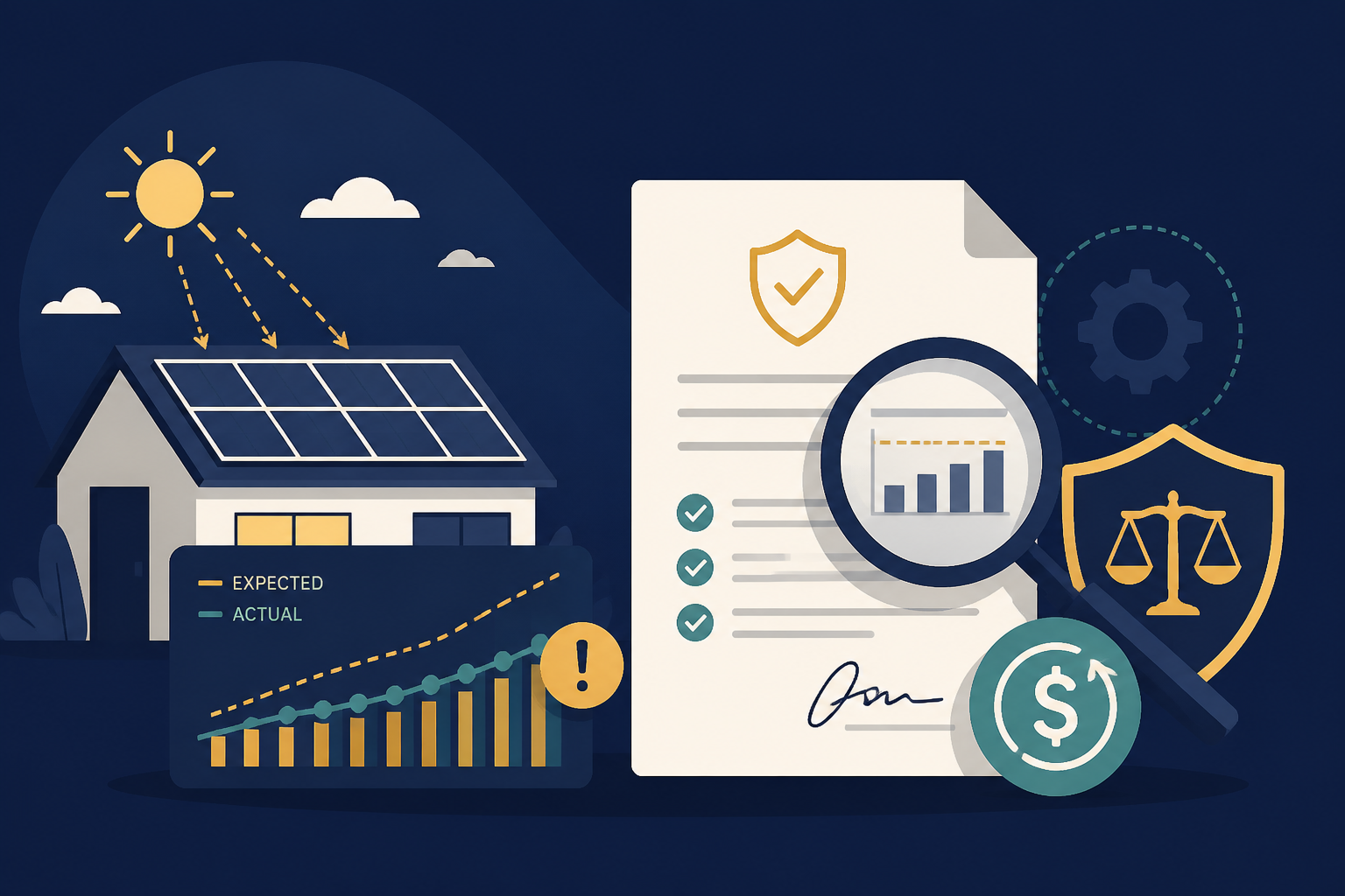 Editorial illustration for "Solar Production Guarantees: When the Sun Doesn't Pay" in ClickSabi brand style.