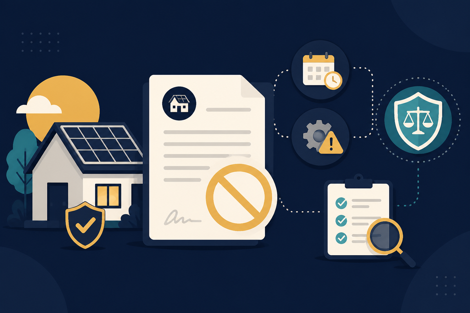 Editorial illustration for "Stuck in a Solar Contract? How to Cancel After 3 Days" in ClickSabi brand style.