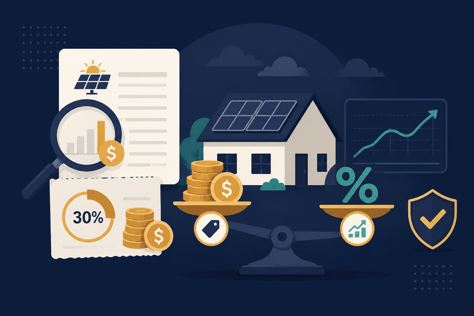 Editorial illustration for "Solar Dealer Fees vs. Interest Rates: The Cost of Financing" in ClickSabi brand style.