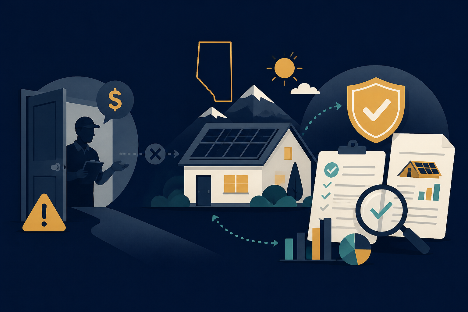 Editorial illustration for "Alberta's Door-to-Door Solar Debate Highlights a Bigger Problem: Homeowners Need Better Information, Not More Sales Pressure" in ClickSabi brand style.