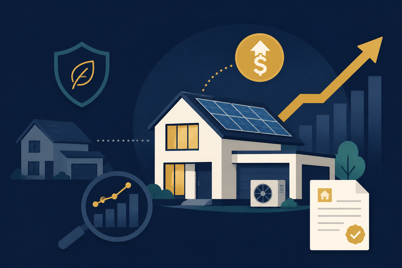 Editorial illustration for "Energy-Efficient Homes Are Selling for More, New Study Finds" in ClickSabi brand style.