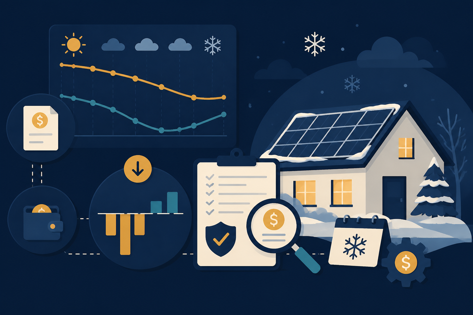 Editorial illustration for "Solar Loan Payments in Winter: Handling Negative ROI" in ClickSabi brand style.