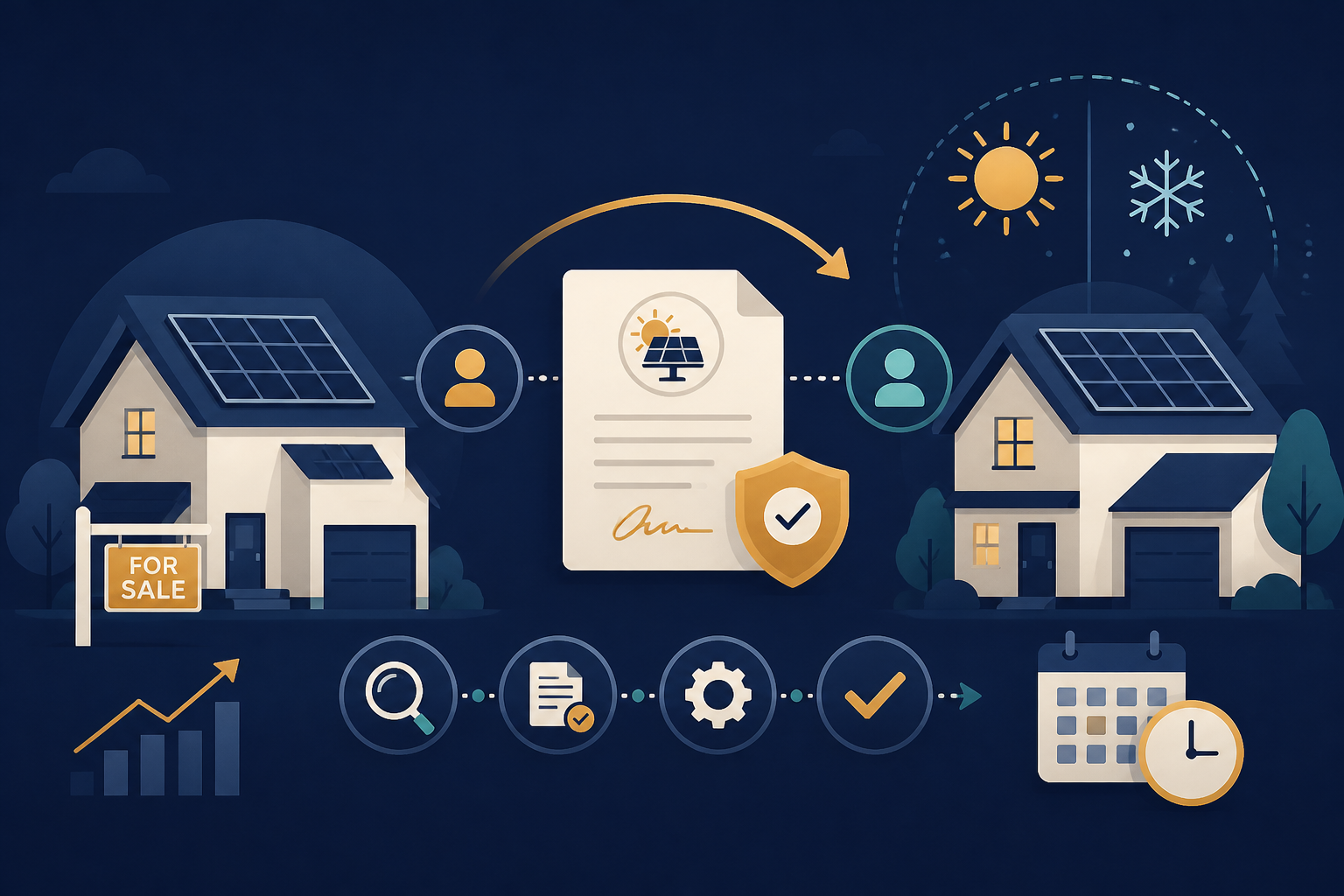 Editorial illustration for "How to Transfer a Solar Loan When Selling Your Home" in ClickSabi brand style.