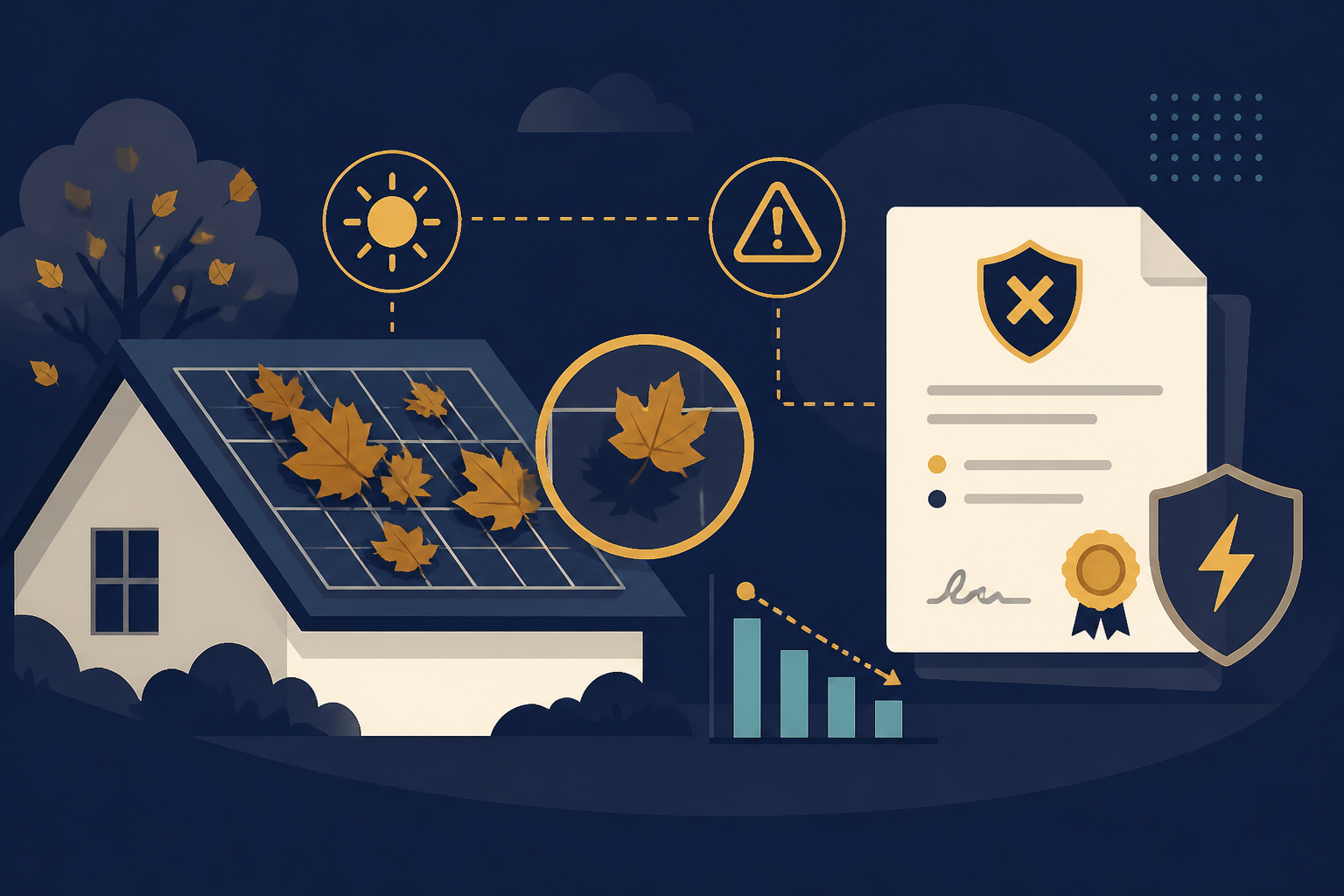 Editorial illustration for "Does Leaf Shading Void Your Solar Guarantee?" in ClickSabi brand style.