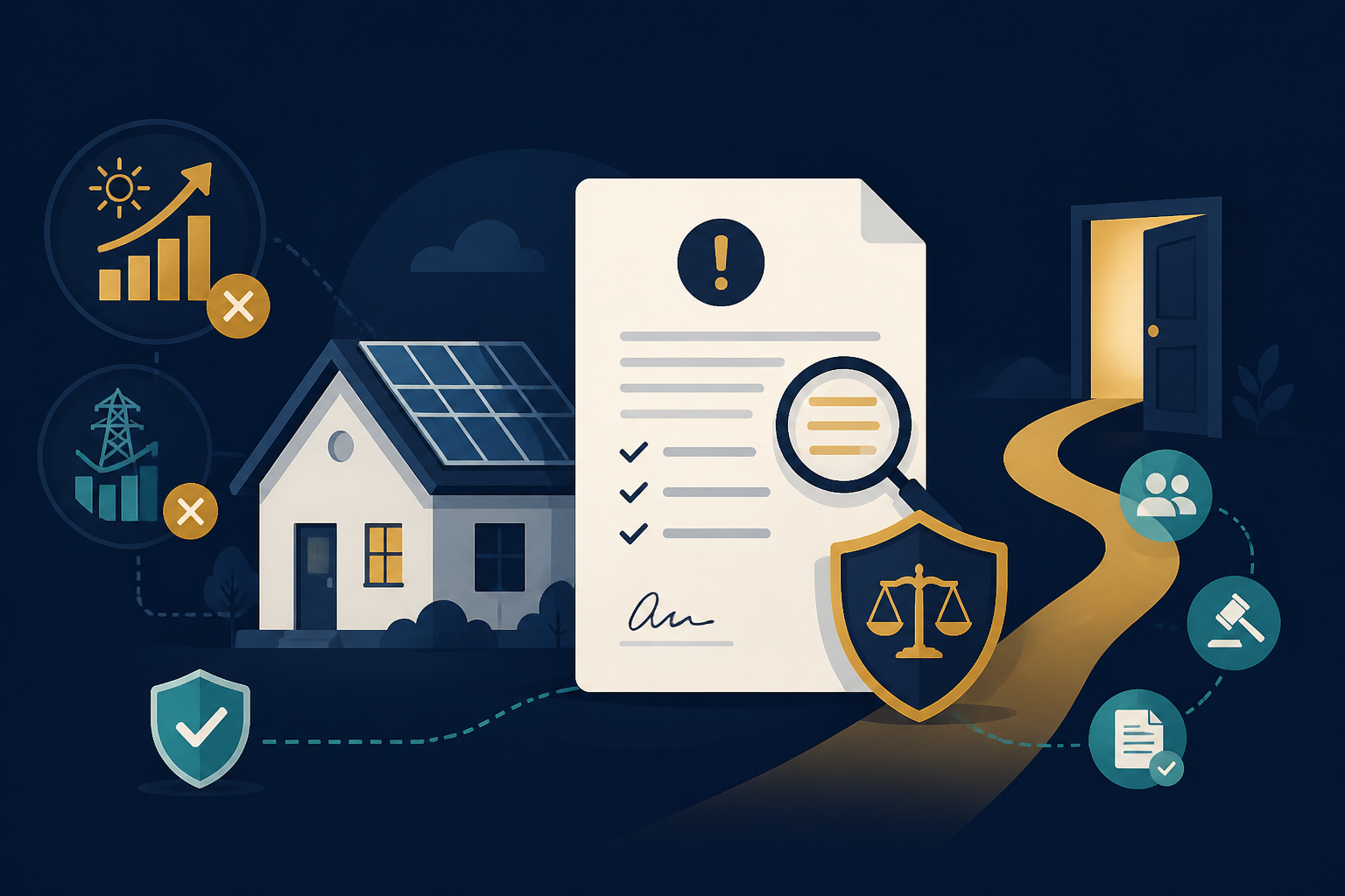 Editorial illustration for "Solar Contract Misrepresentation: Your Legal Exit Path" in ClickSabi brand style.
